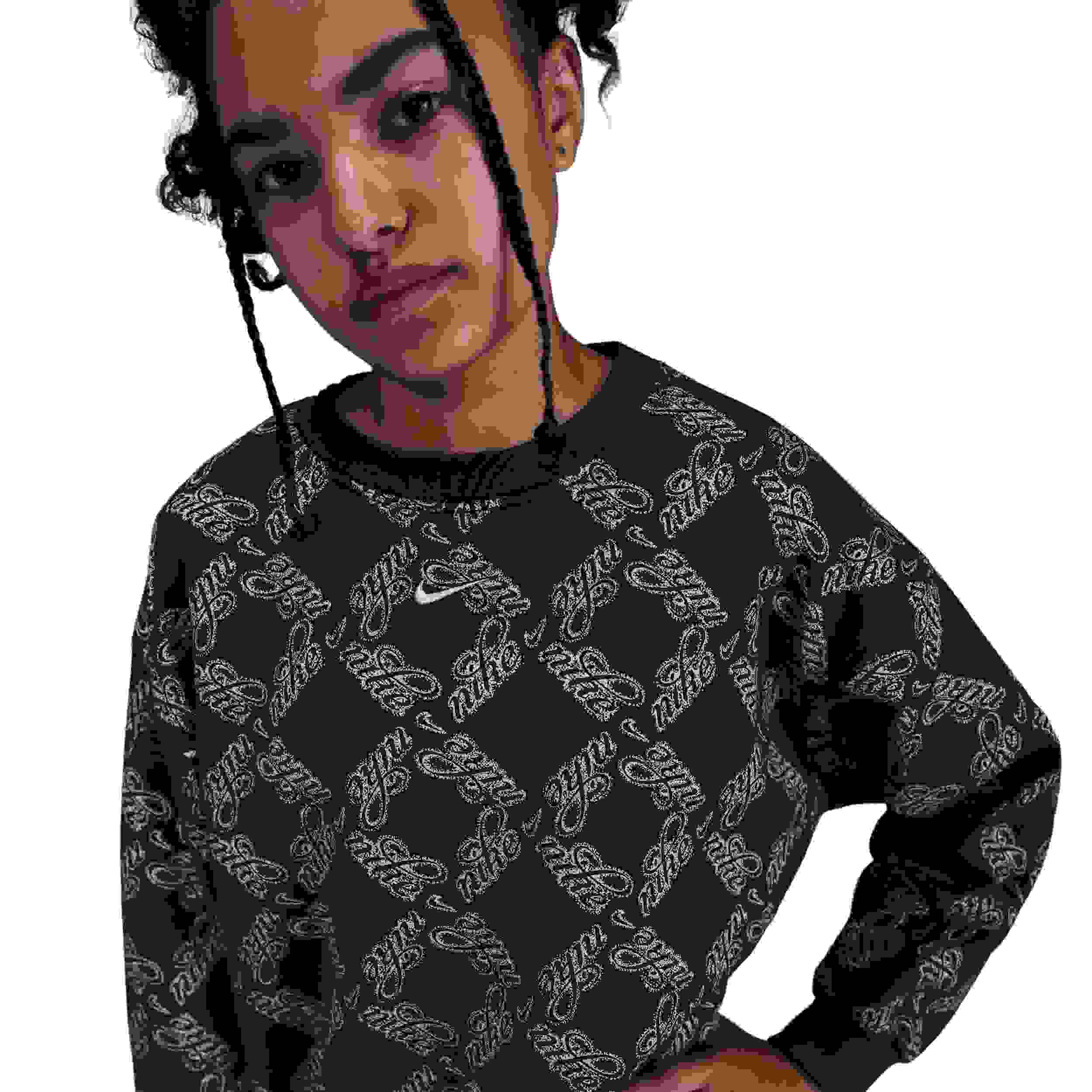 Nike Sportswear Club Fleece Oversized Big Girls' Black/Gold Printed Crewneck Sweatshirt